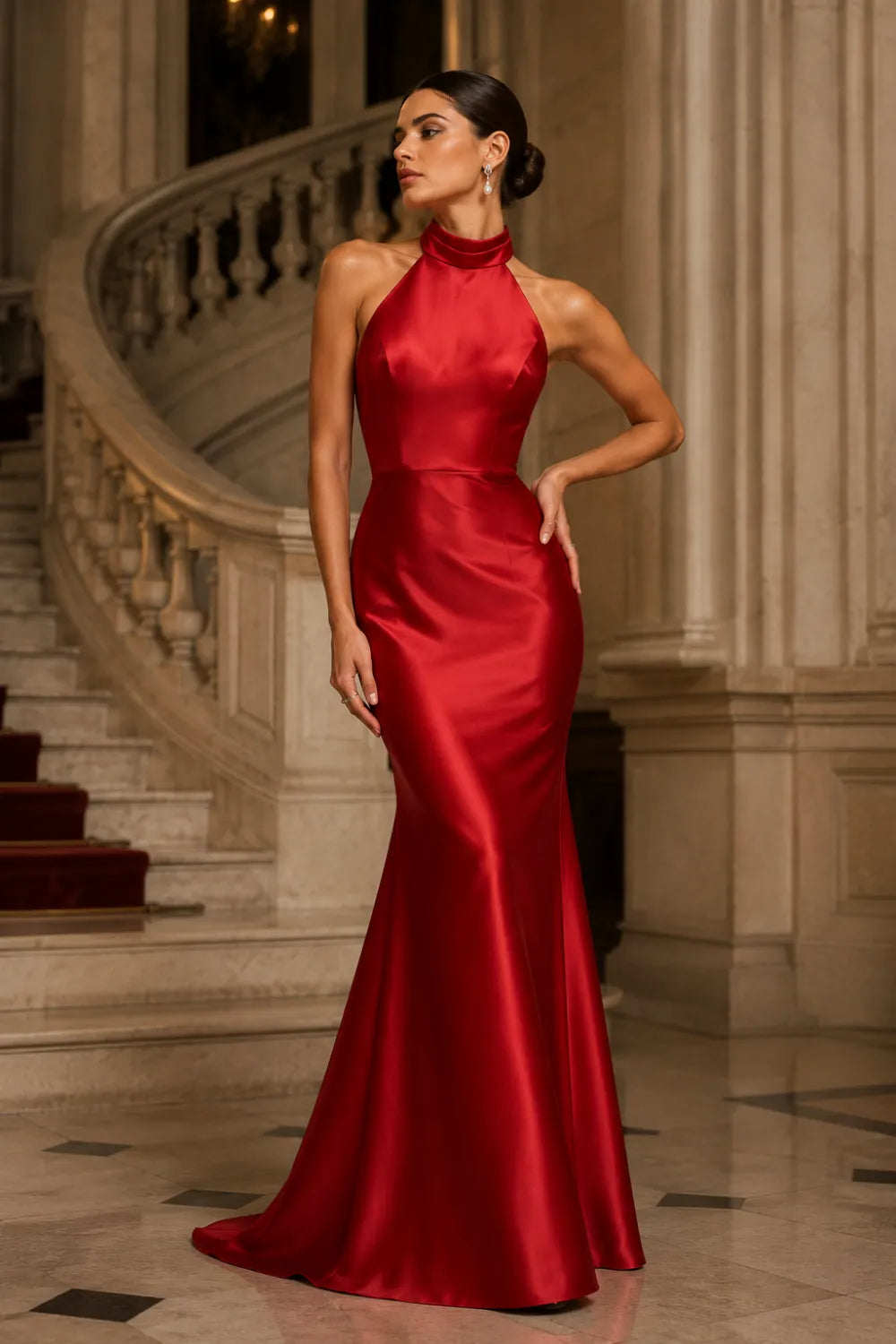 High Neck Satin Evening Gown