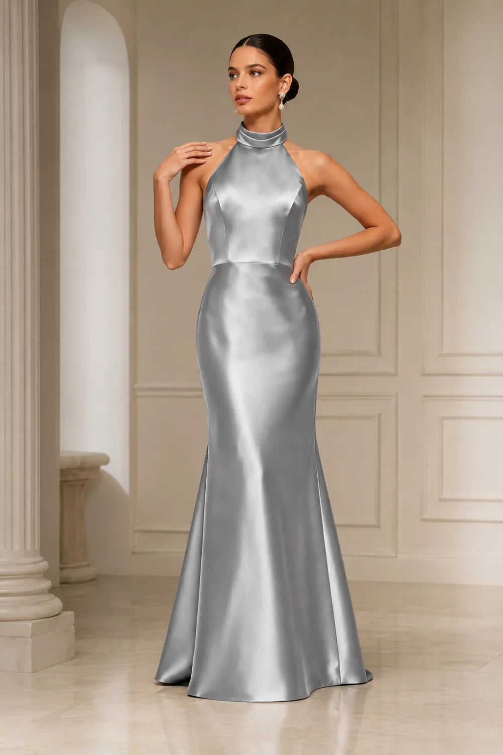 High Neck Satin Evening Gown