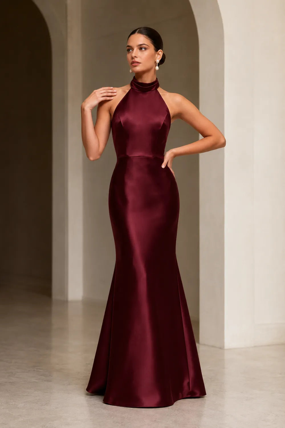 High Neck Satin Evening Gown
