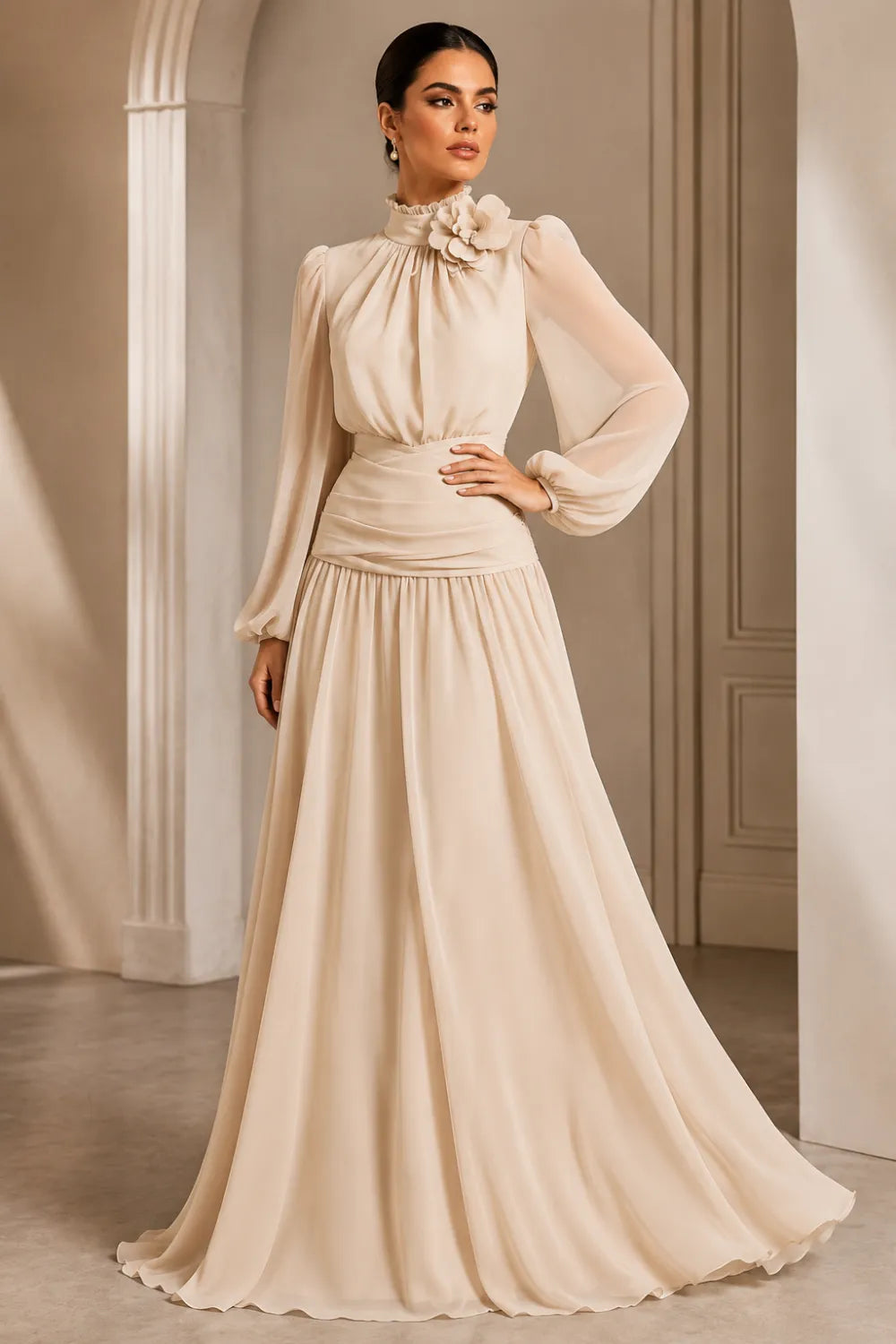 Regal Long Sleeve Chiffon Evening Dress