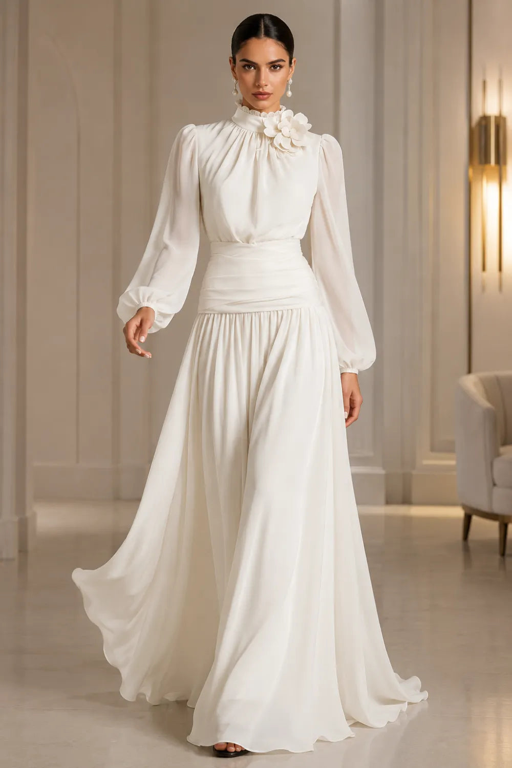 Regal Long Sleeve Chiffon Evening Dress