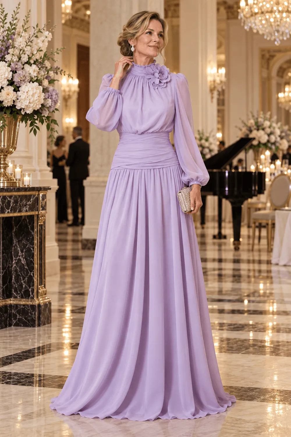 Regal Long Sleeve Chiffon Evening Dress
