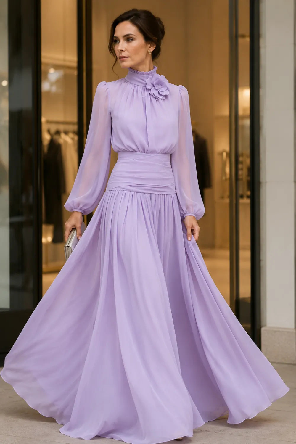 Regal Long Sleeve Chiffon Evening Dress