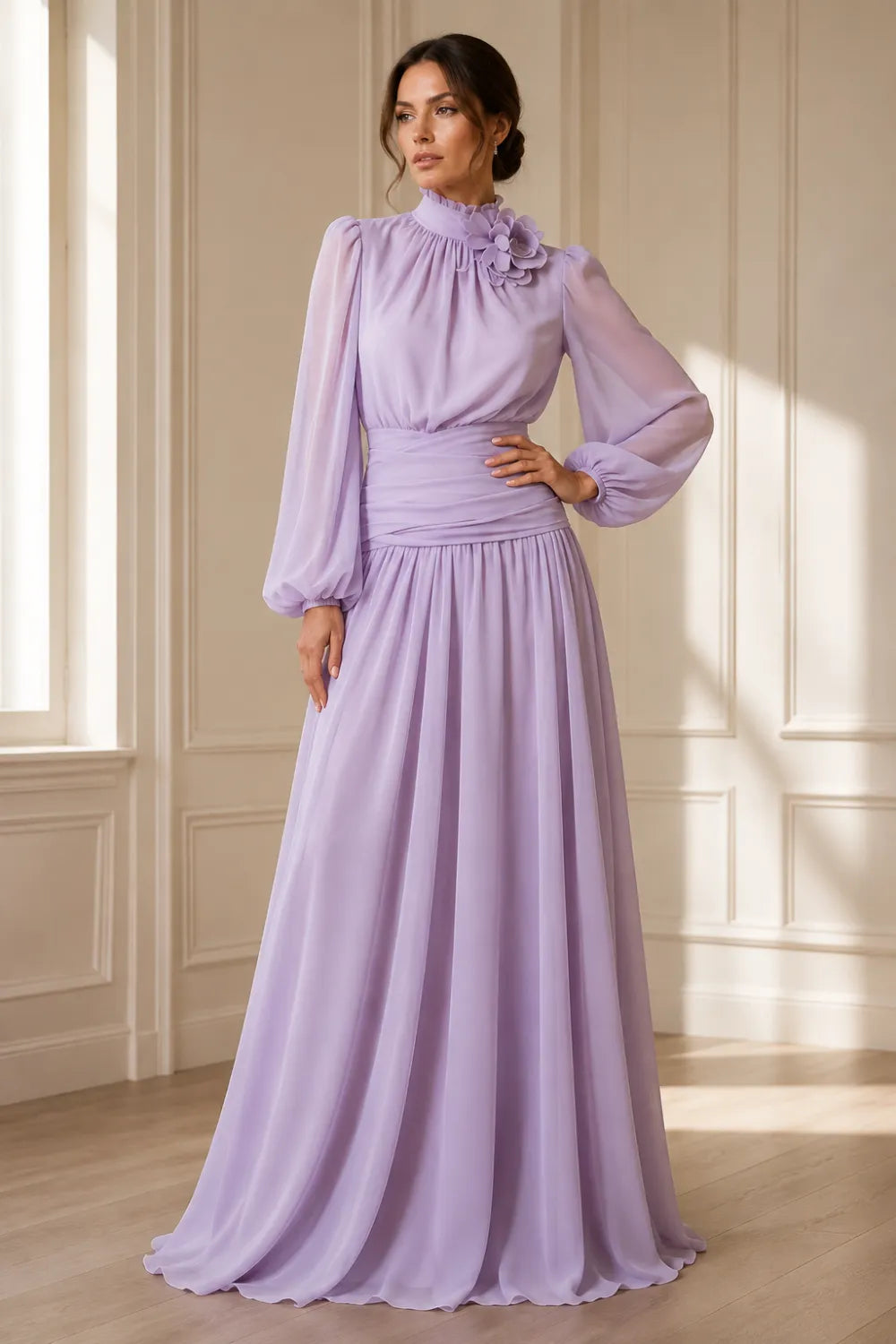Regal Long Sleeve Chiffon Evening Dress
