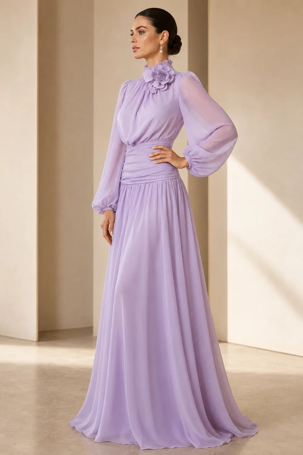 Regal Long Sleeve Chiffon Evening Dress
