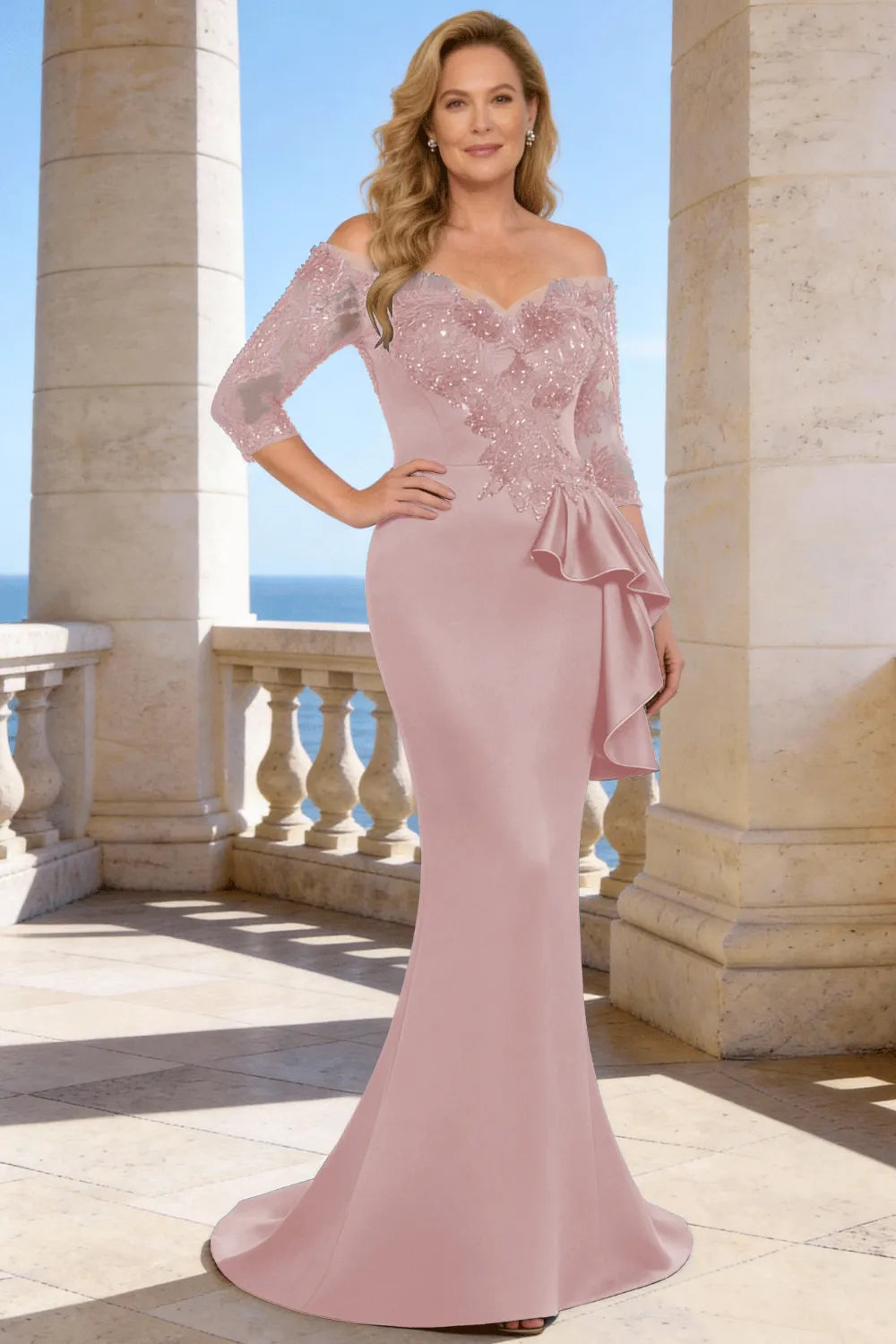 Elegant Floor Length Lace Sleeve Formal Dress