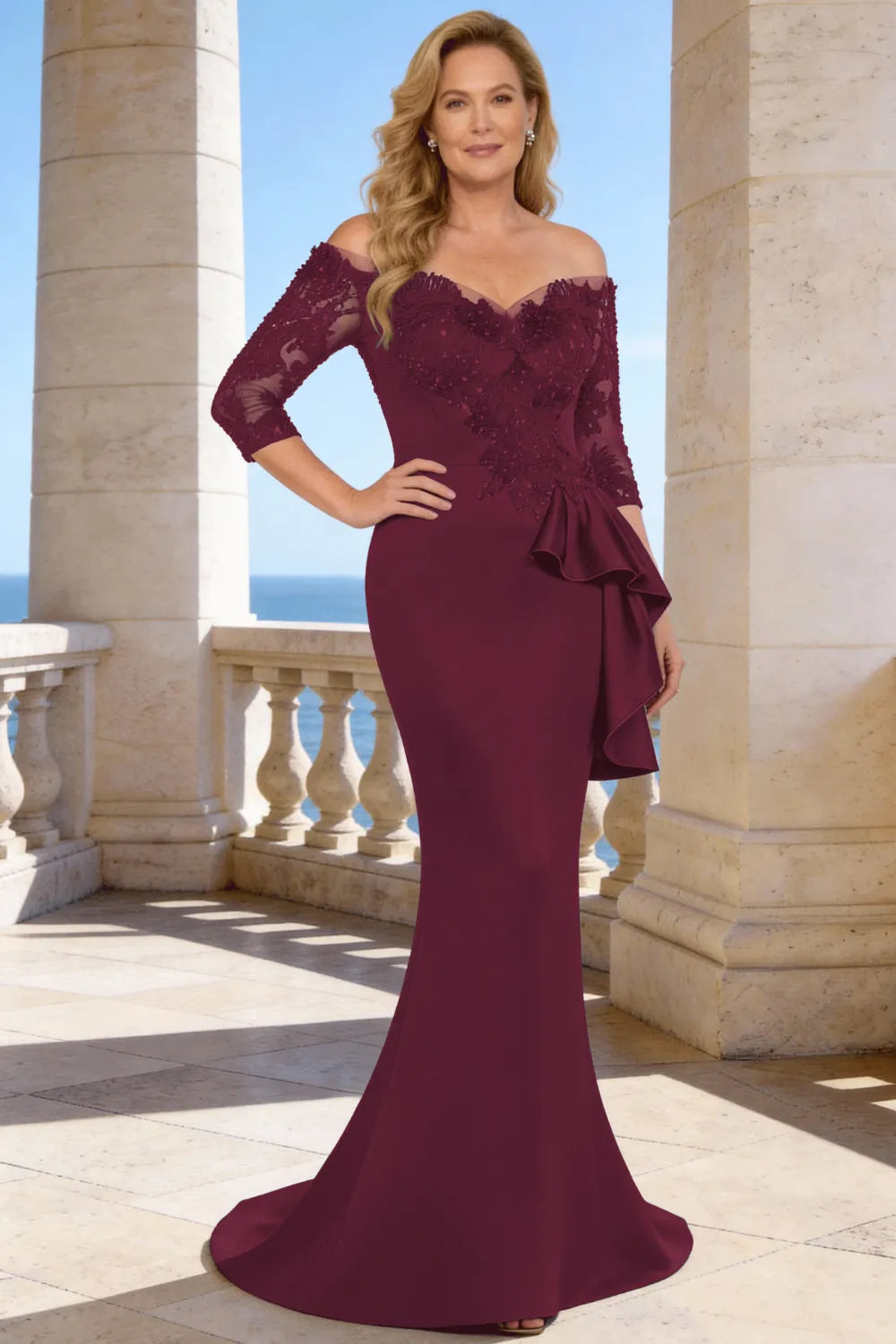 Elegant Floor Length Lace Sleeve Formal Dress