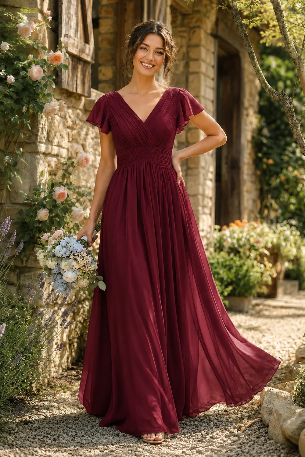 Liora Flutter Sleeve Maxi Formal Gown