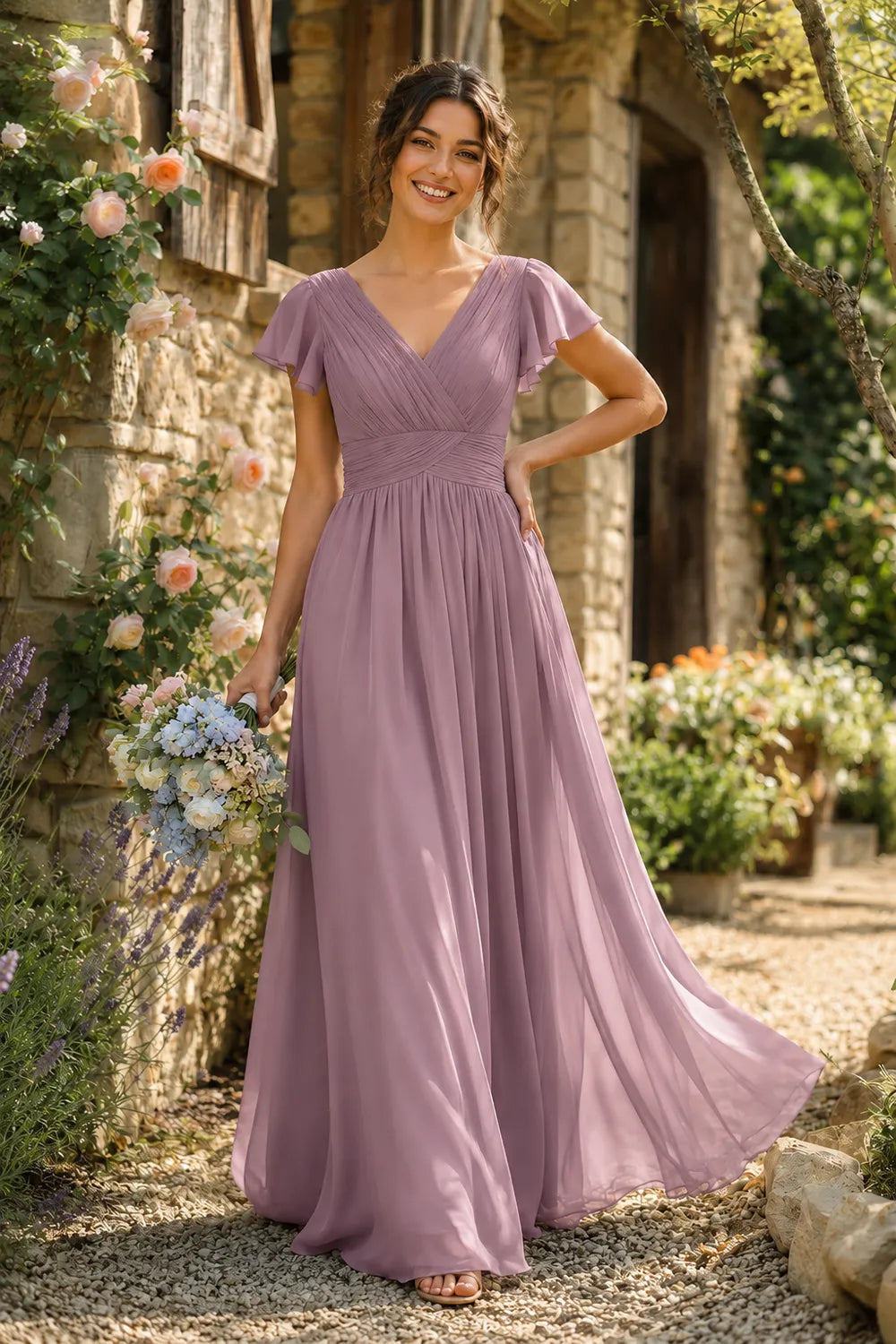 Liora Flutter Sleeve Maxi Formal Gown
