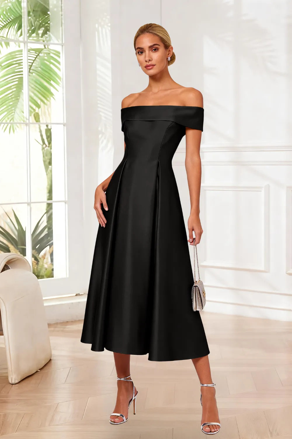 Classic Off-Shoulder Tea-Length Evening Dress