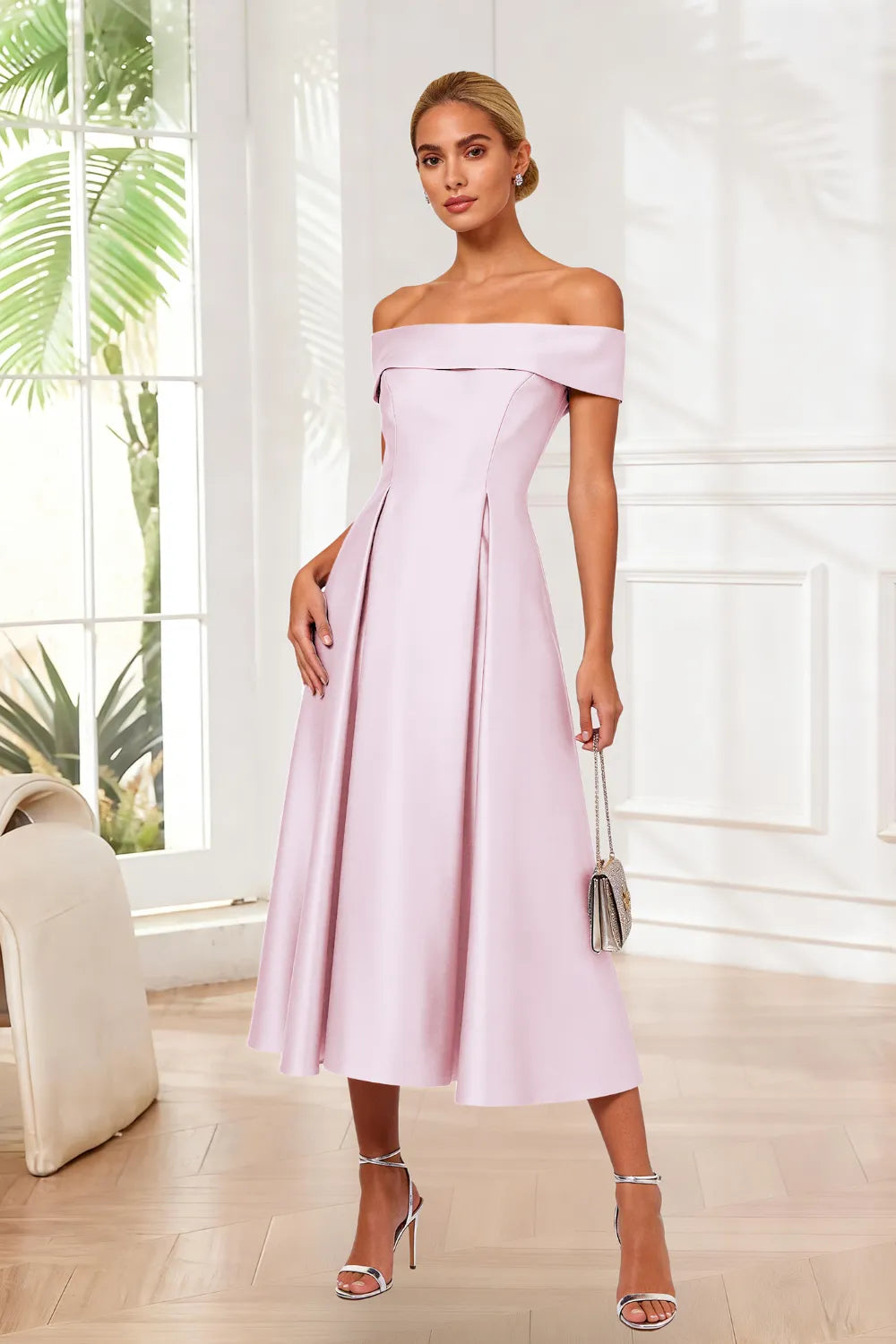 Classic Off-Shoulder Tea-Length Evening Dress