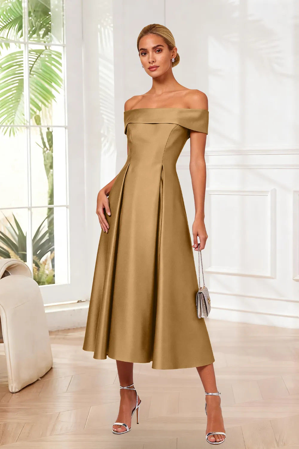 Classic Off-Shoulder Tea-Length Evening Dress