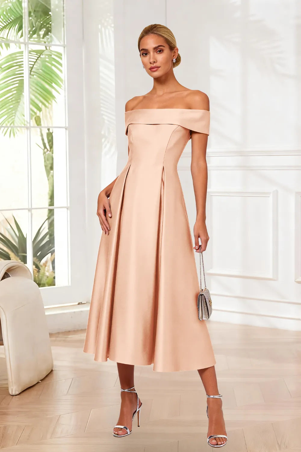 Classic Off-Shoulder Tea-Length Evening Dress
