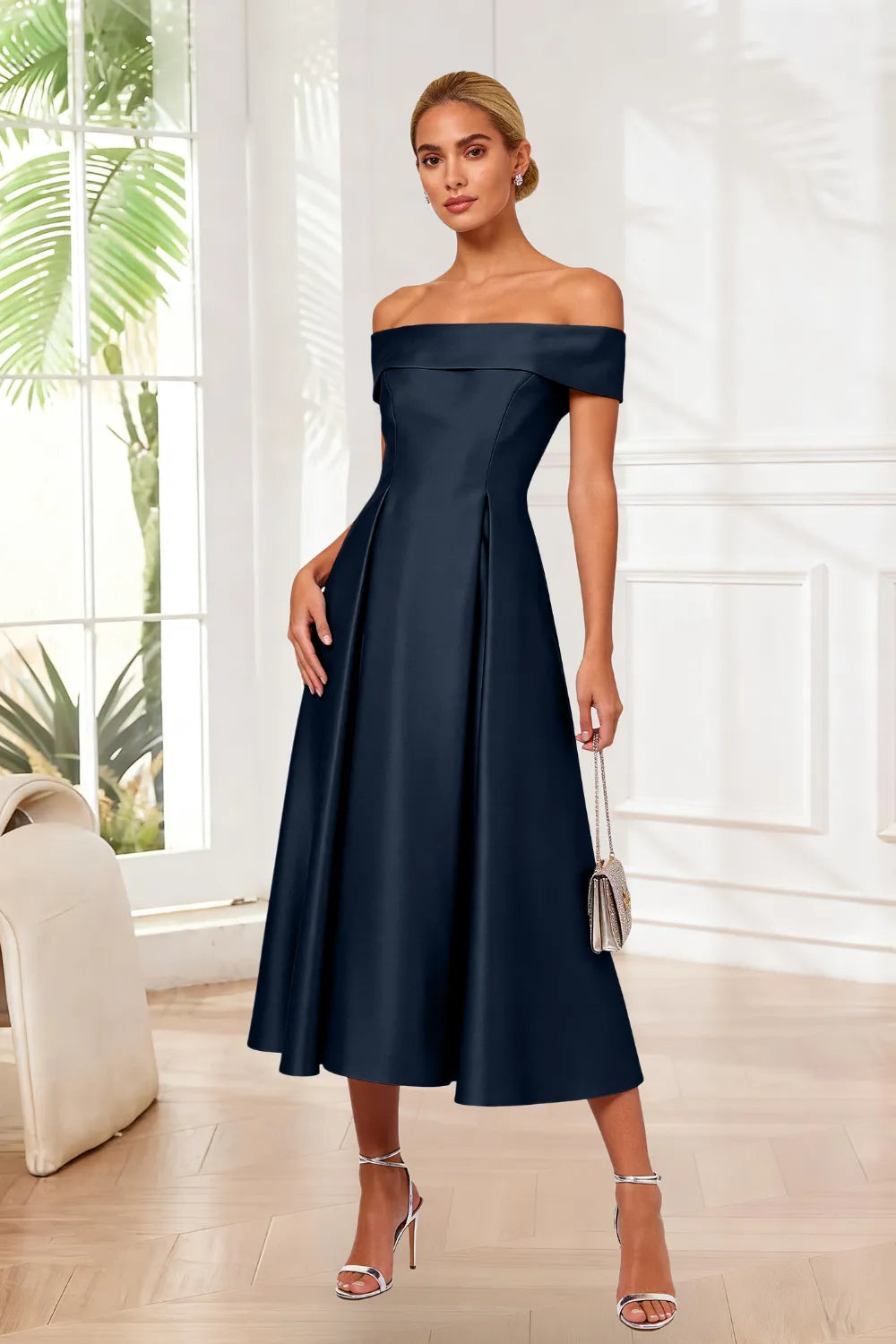 Classic Off-Shoulder Tea-Length Evening Dress