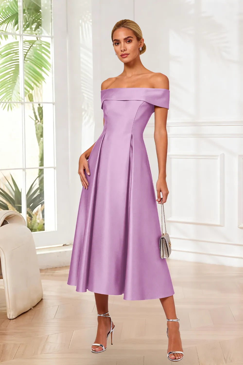 Classic Off-Shoulder Tea-Length Evening Dress