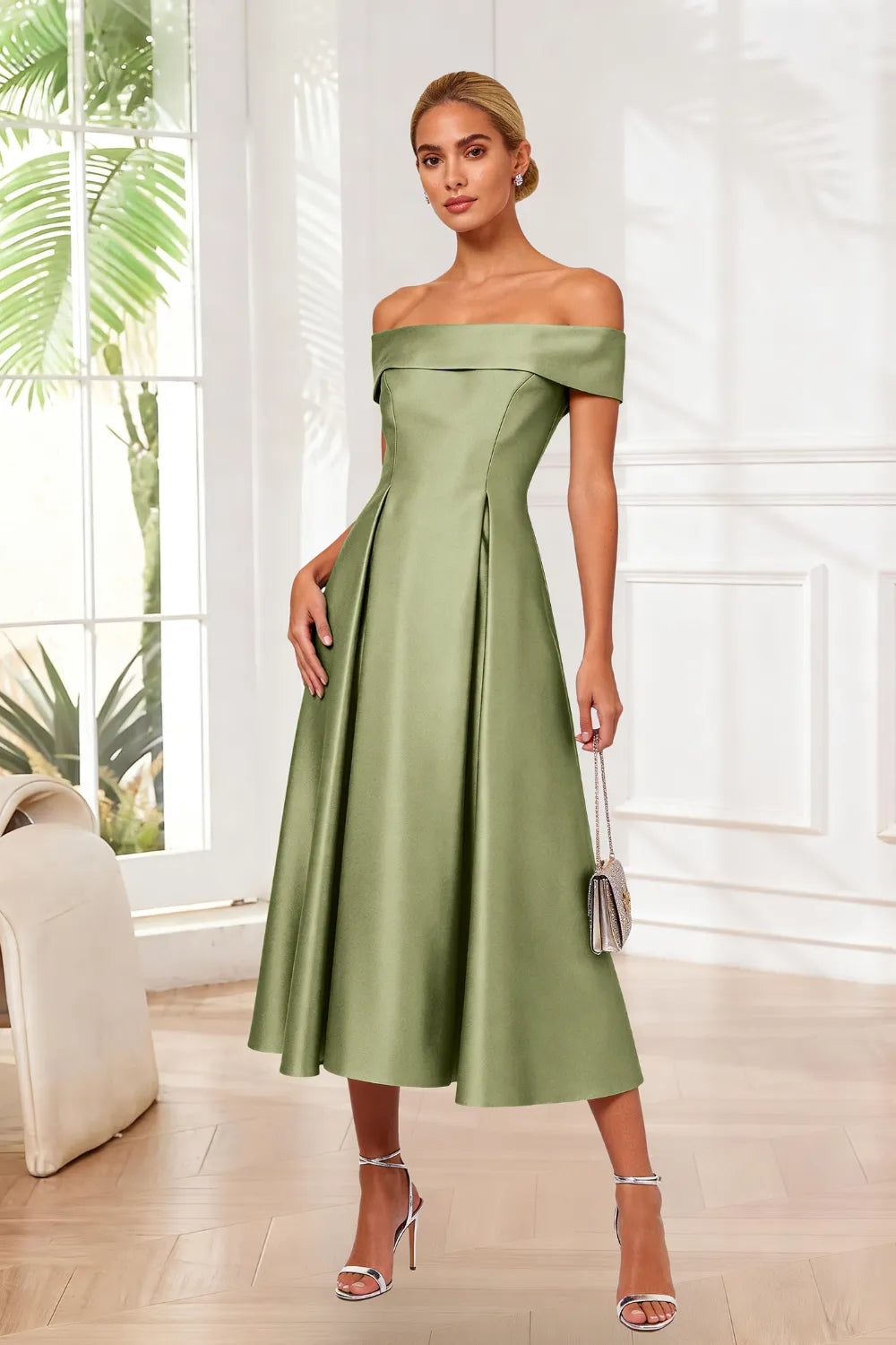 Classic Off-Shoulder Tea-Length Evening Dress
