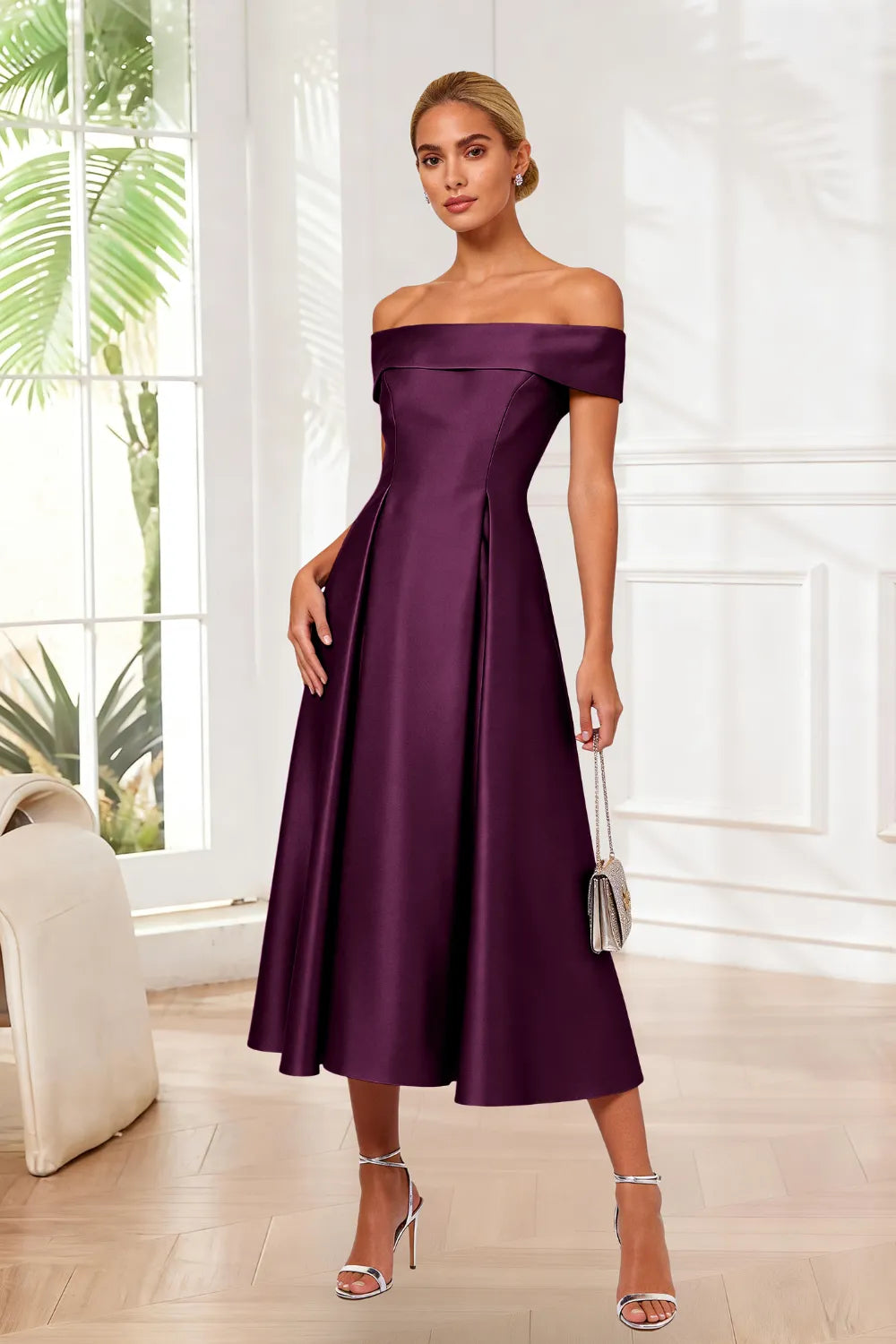 Classic Off-Shoulder Tea-Length Evening Dress