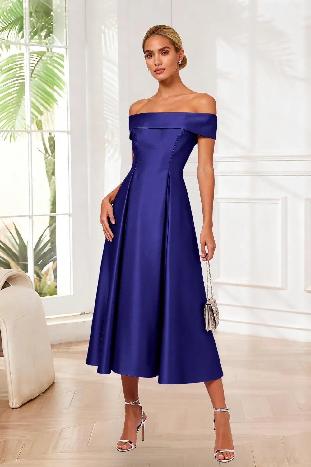 Classic Off-Shoulder Tea-Length Evening Dress