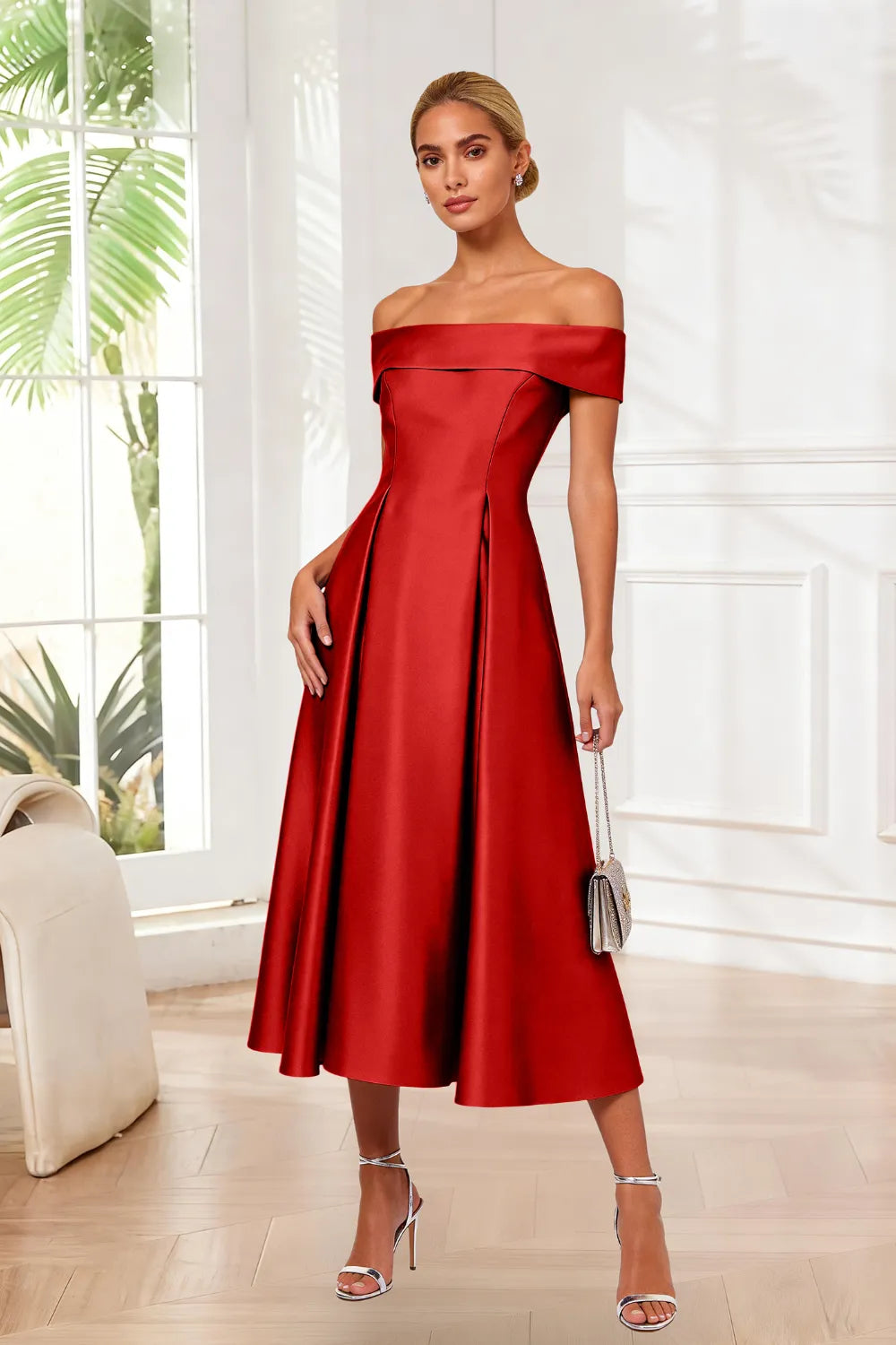 Classic Off-Shoulder Tea-Length Evening Dress