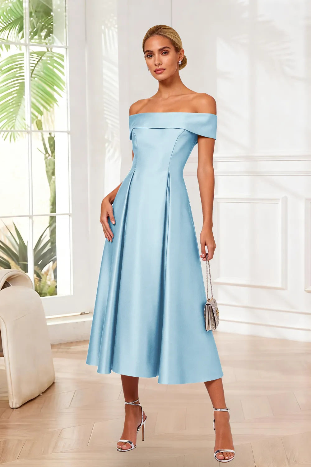 Classic Off-Shoulder Tea-Length Evening Dress