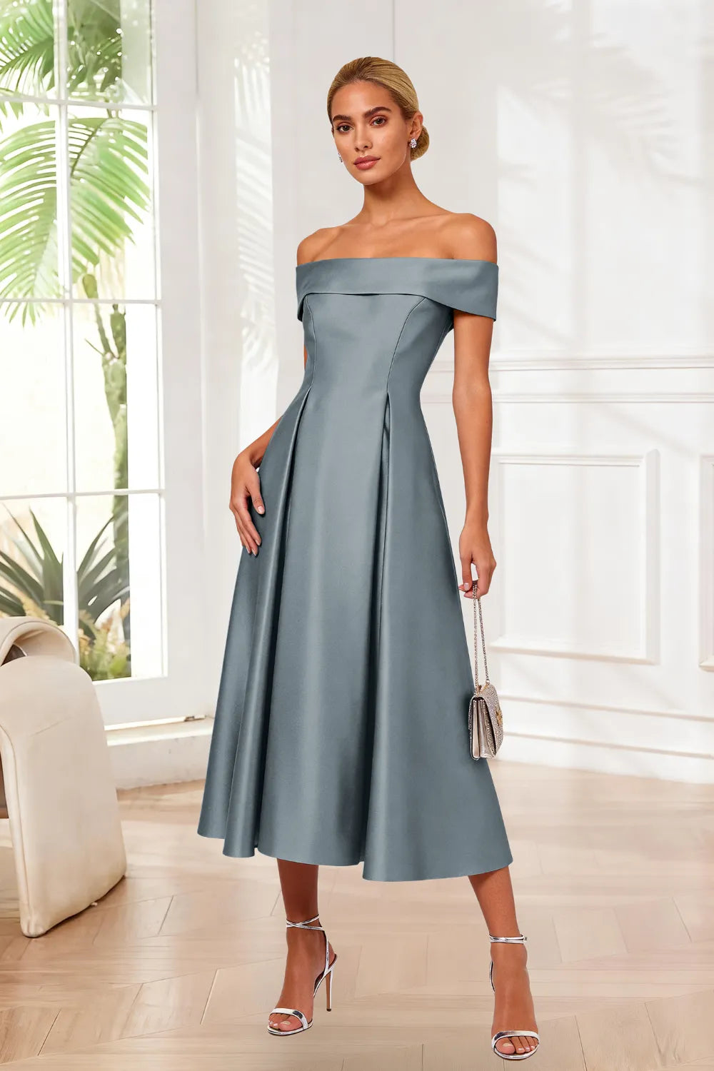 Classic Off-Shoulder Tea-Length Evening Dress