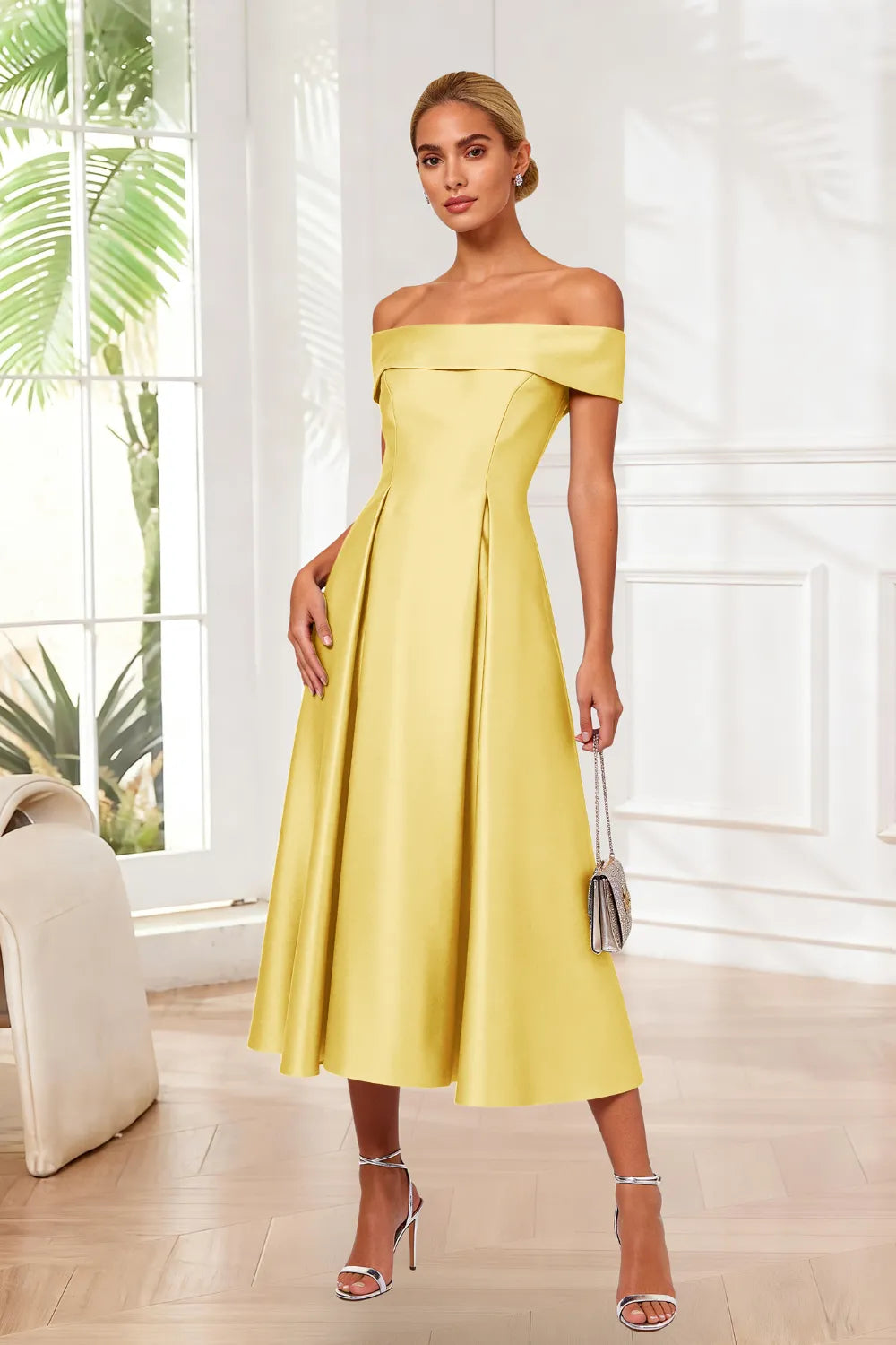 Classic Off-Shoulder Tea-Length Evening Dress
