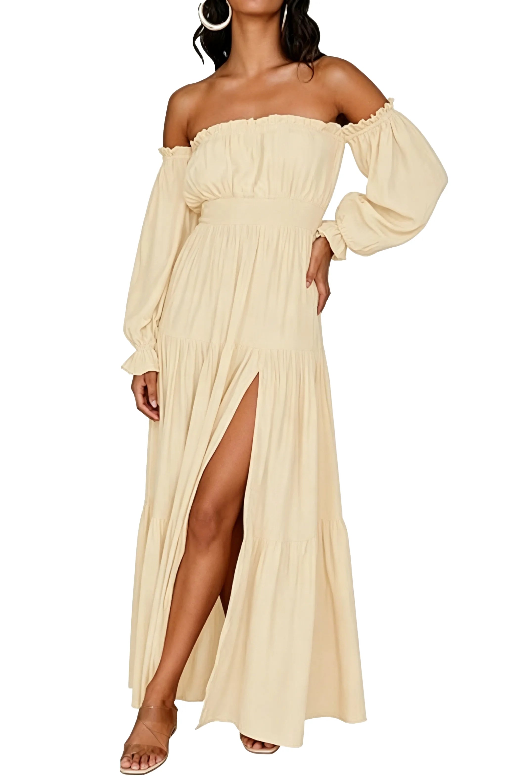 Off-Shoulder Smocked Waist Slit Maxi Dress