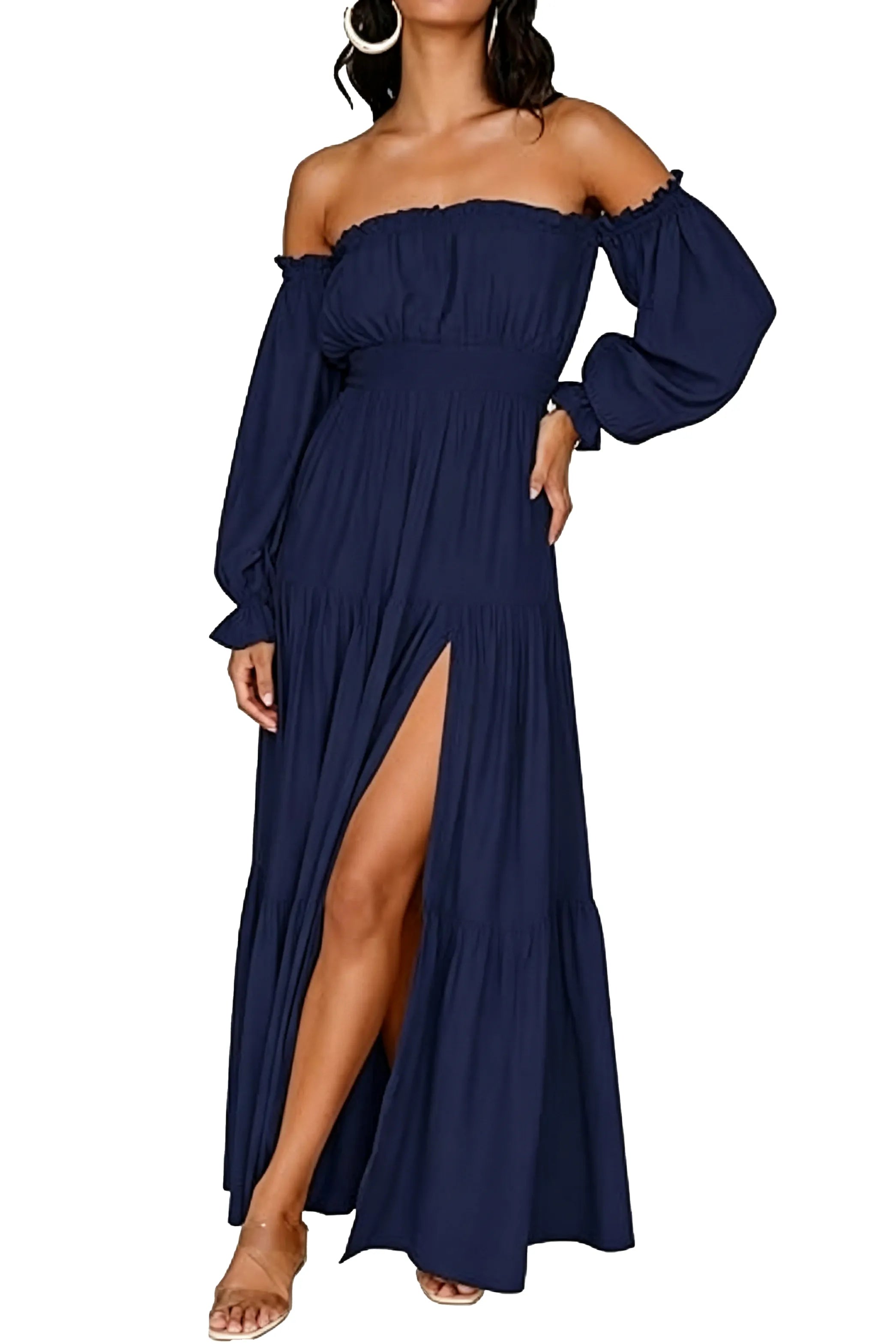 Off-Shoulder Smocked Waist Slit Maxi Dress