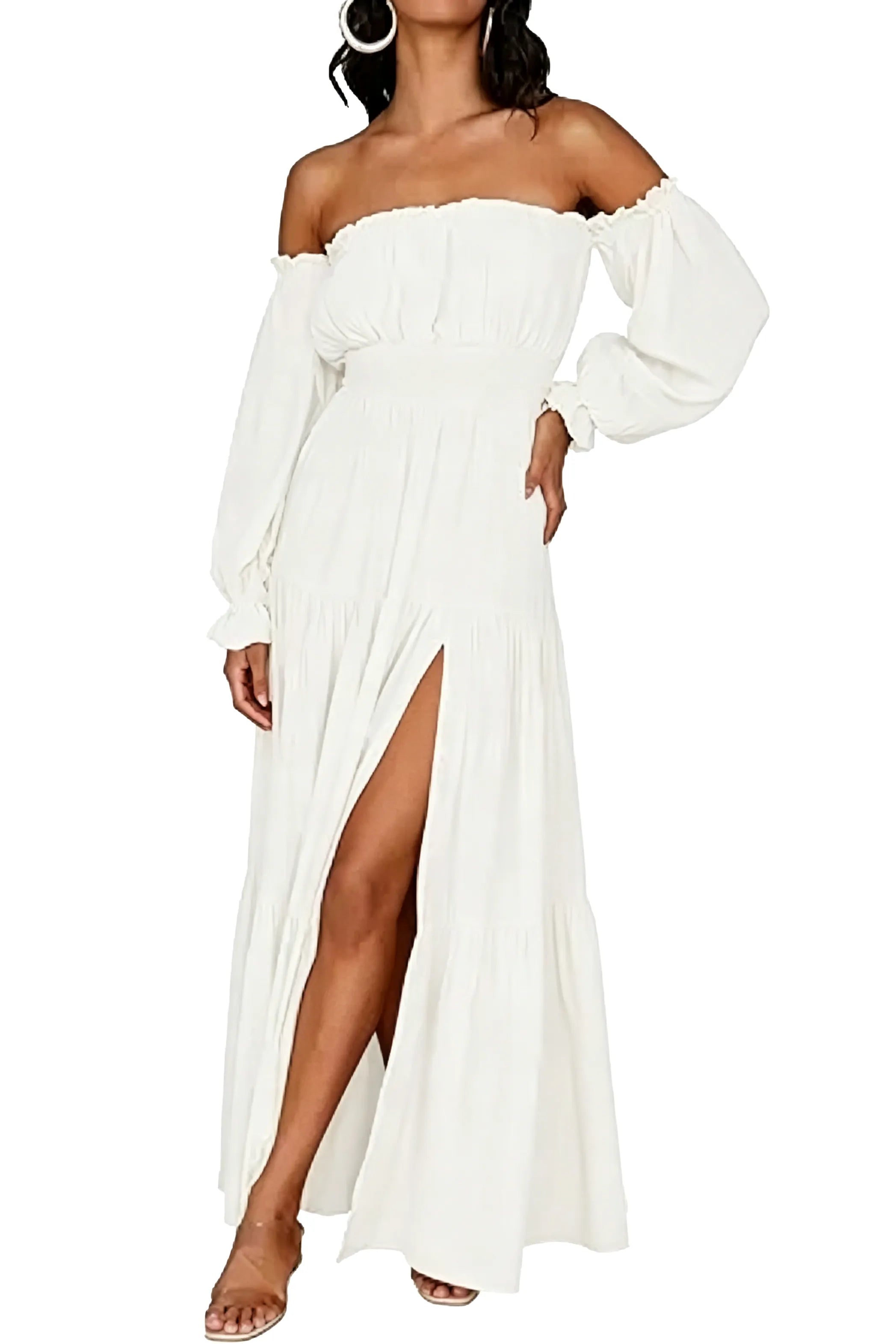 Off-Shoulder Smocked Waist Slit Maxi Dress