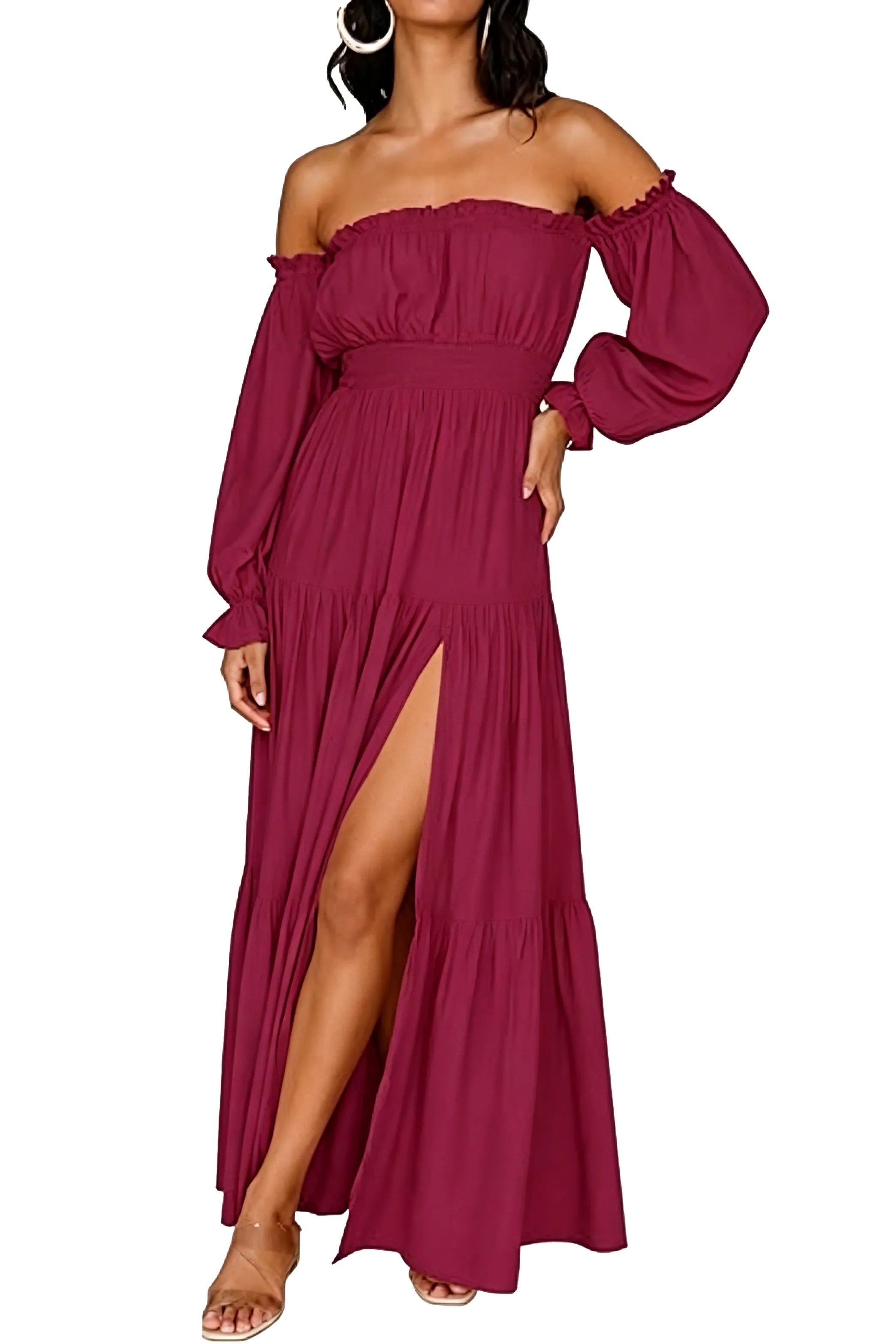 Off-Shoulder Smocked Waist Slit Maxi Dress