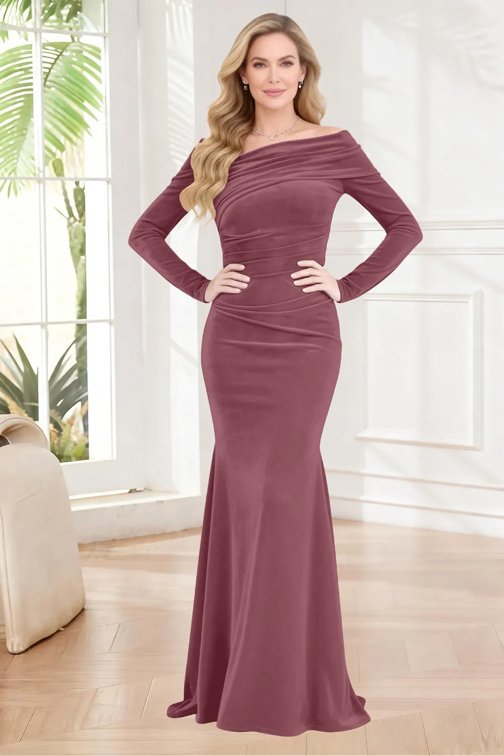 Luxury Velvet Mermaid Dress with Draped Off Shoulder Neckline