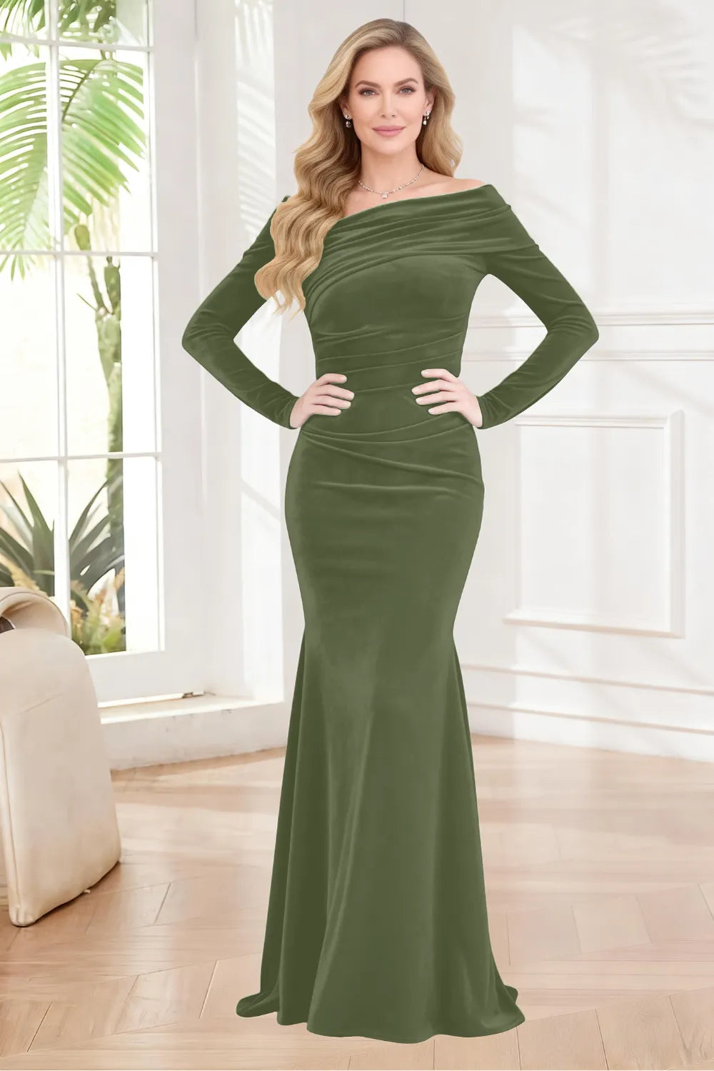 Luxury Velvet Mermaid Dress with Draped Off Shoulder Neckline