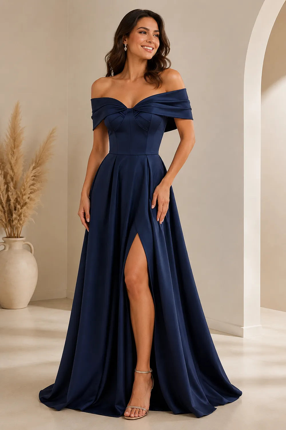 Elegant Off Shoulder Satin Formal Evening Dress