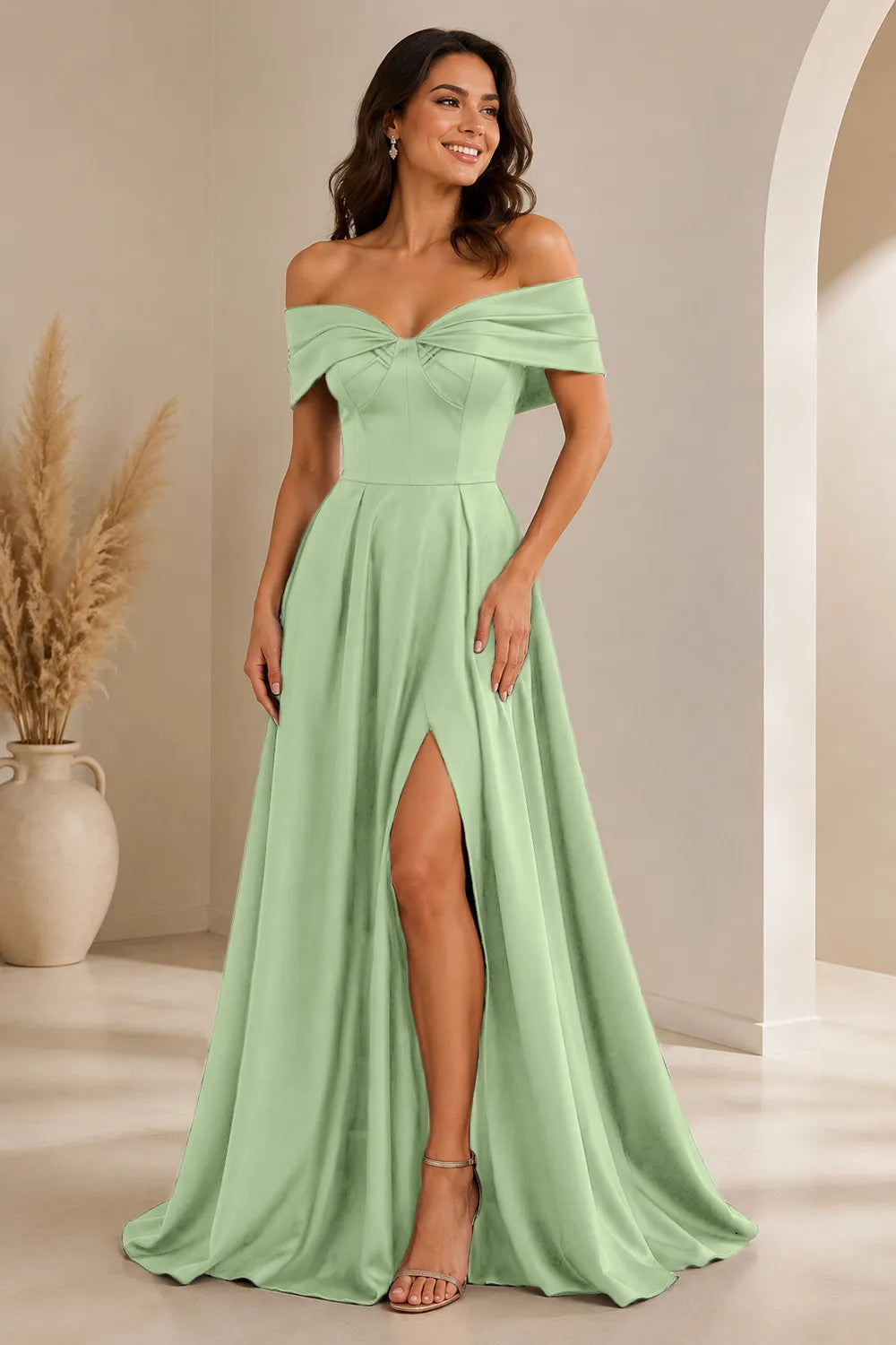 Elegant Off Shoulder Satin Formal Evening Dress