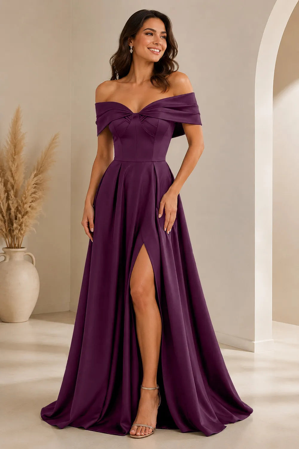 Elegant Off Shoulder Satin Formal Evening Dress