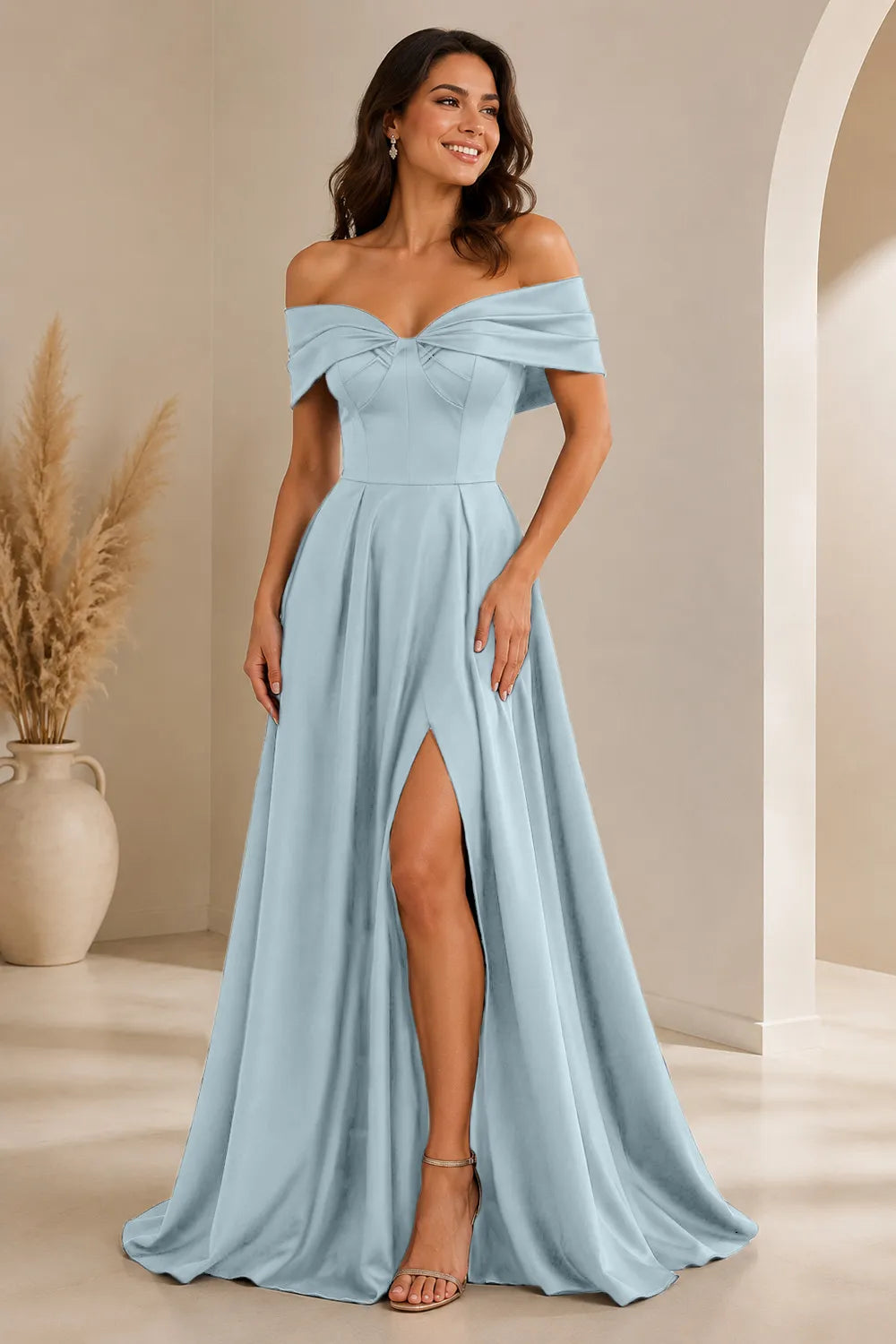 Elegant Off Shoulder Satin Formal Evening Dress