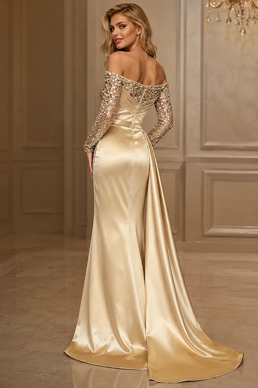 Evangeline Sequin Sleeve Satin Mermaid Gown