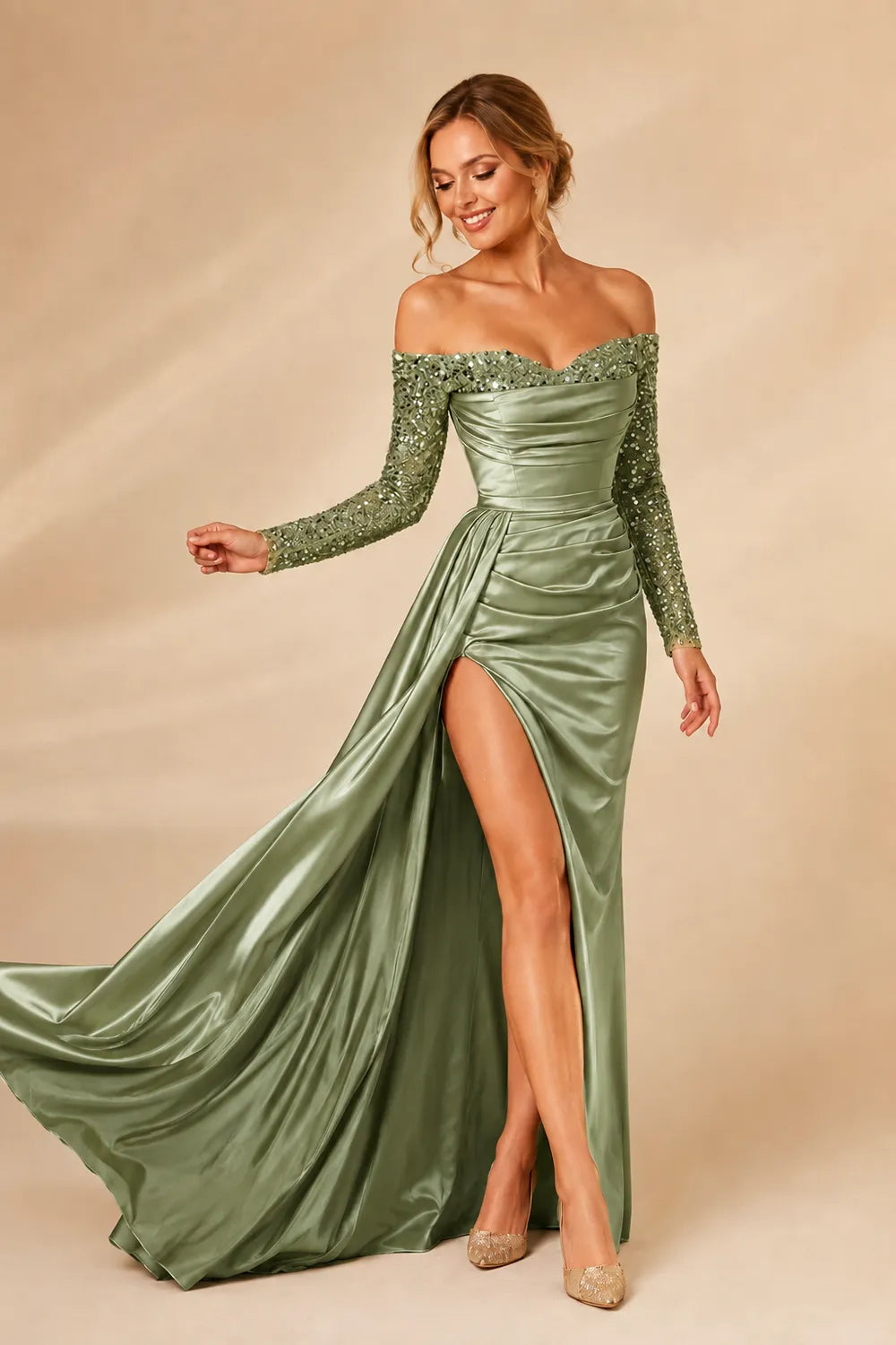 Evangeline Sequin Sleeve Satin Mermaid Gown