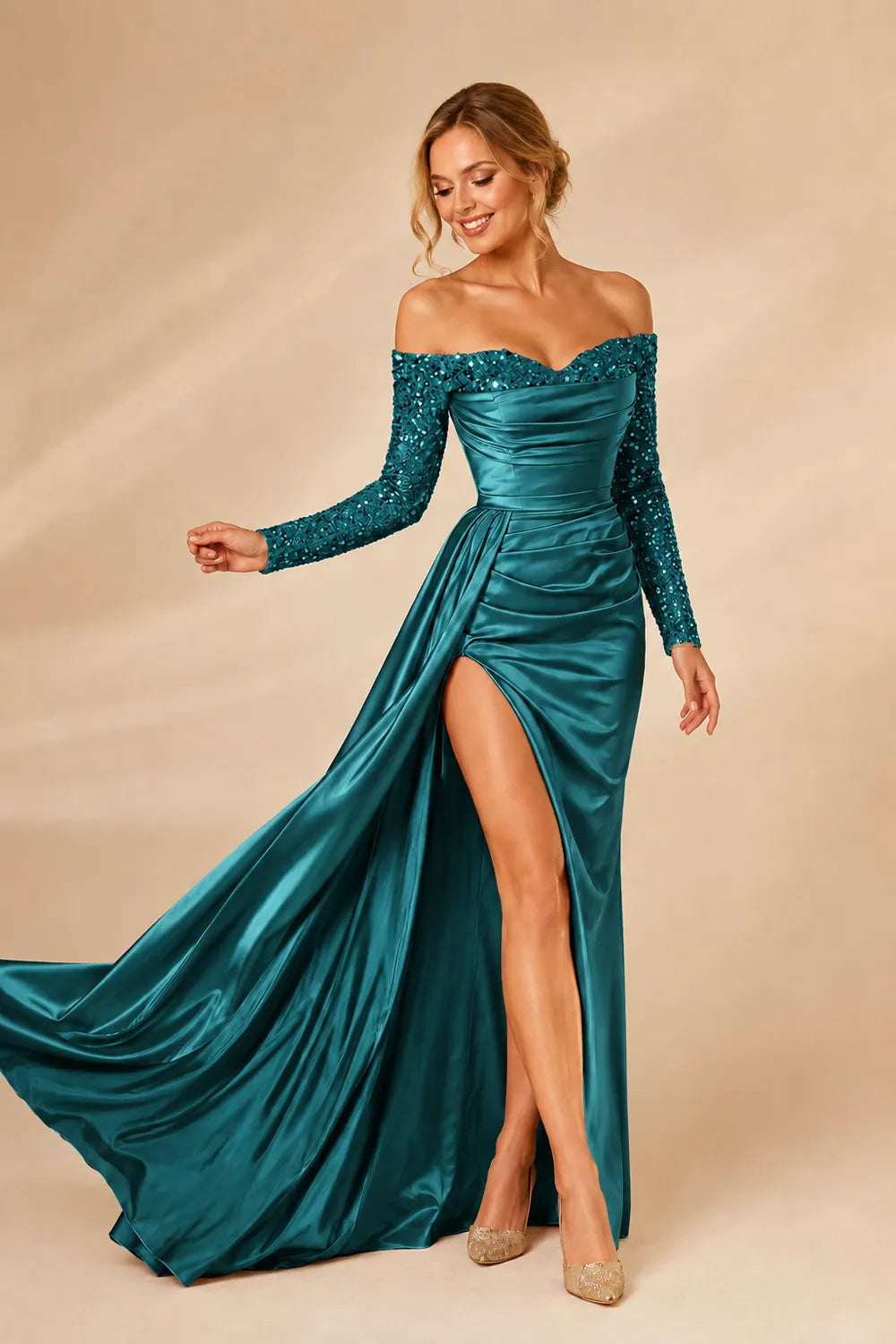 Evangeline Sequin Sleeve Satin Mermaid Gown