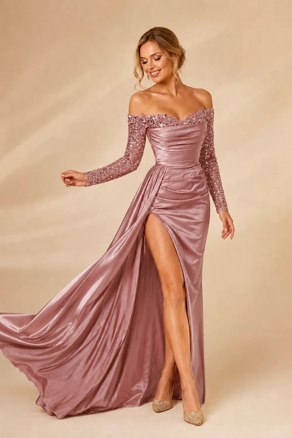 Evangeline Sequin Sleeve Satin Mermaid Gown