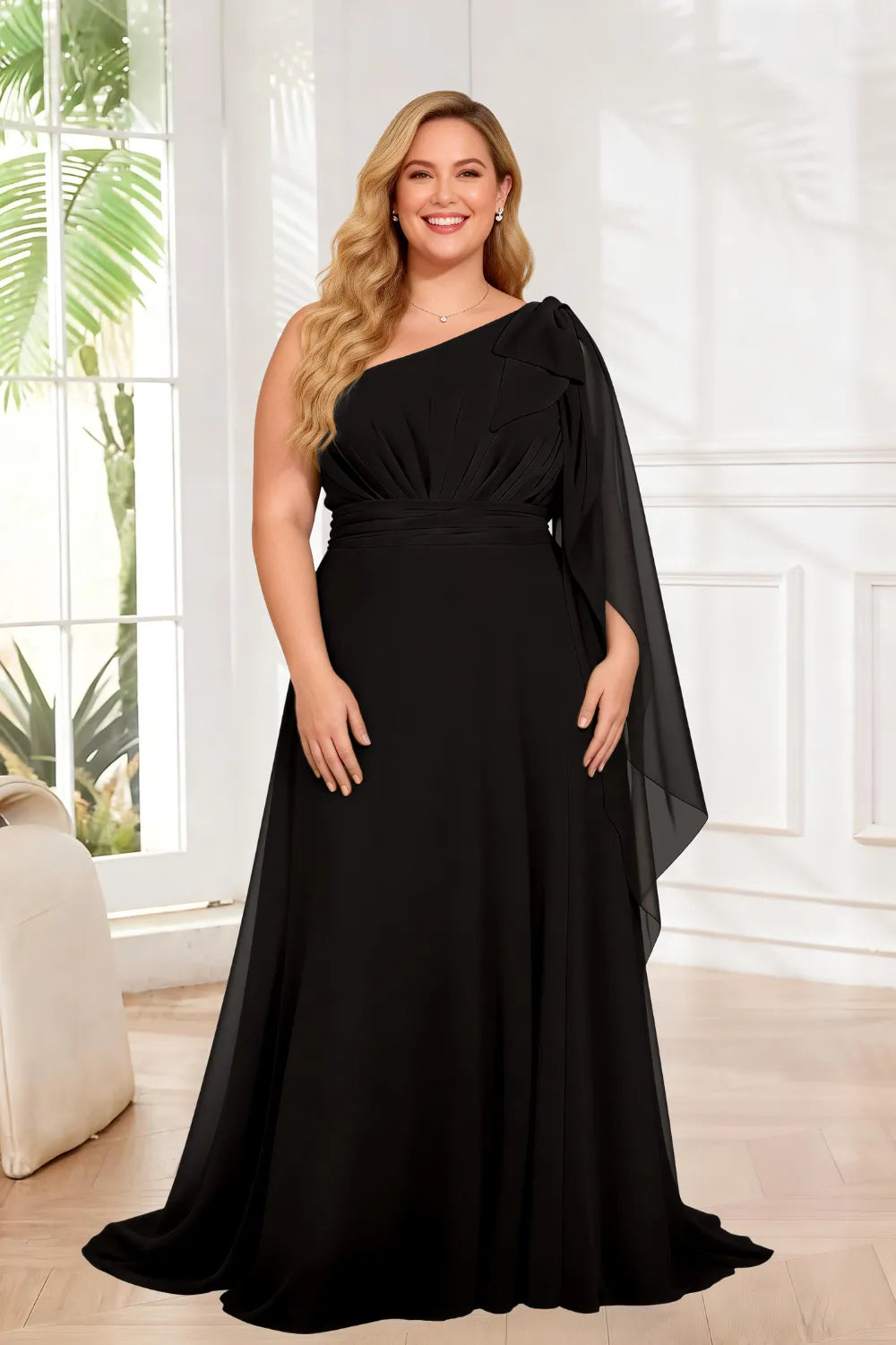 One Shoulder Ruched Waist Cape Sleeve A-Line Maxi Dress