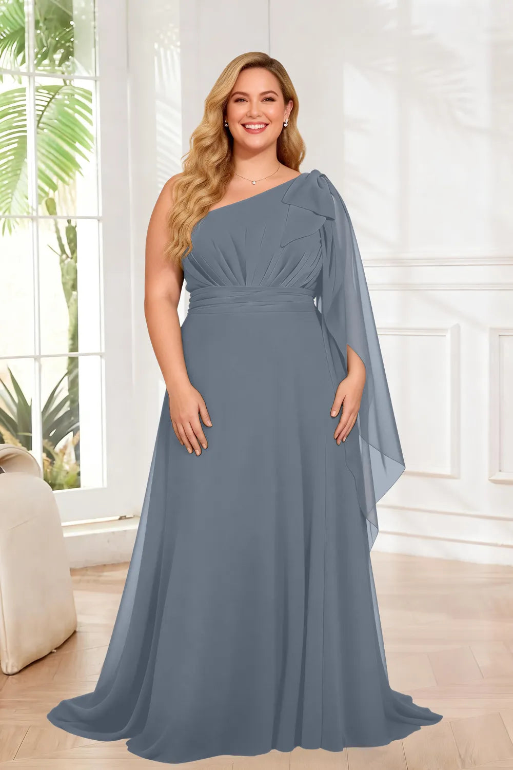 One Shoulder Ruched Waist Cape Sleeve A-Line Maxi Dress
