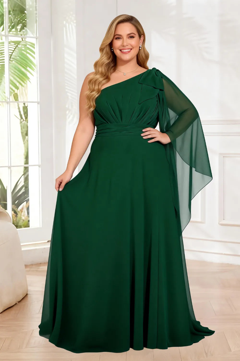 One Shoulder Ruched Waist Cape Sleeve A-Line Maxi Dress