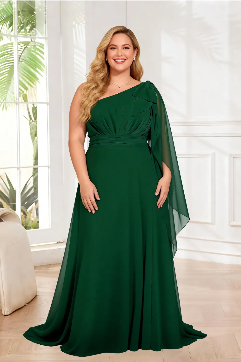 One Shoulder Ruched Waist Cape Sleeve A-Line Maxi Dress