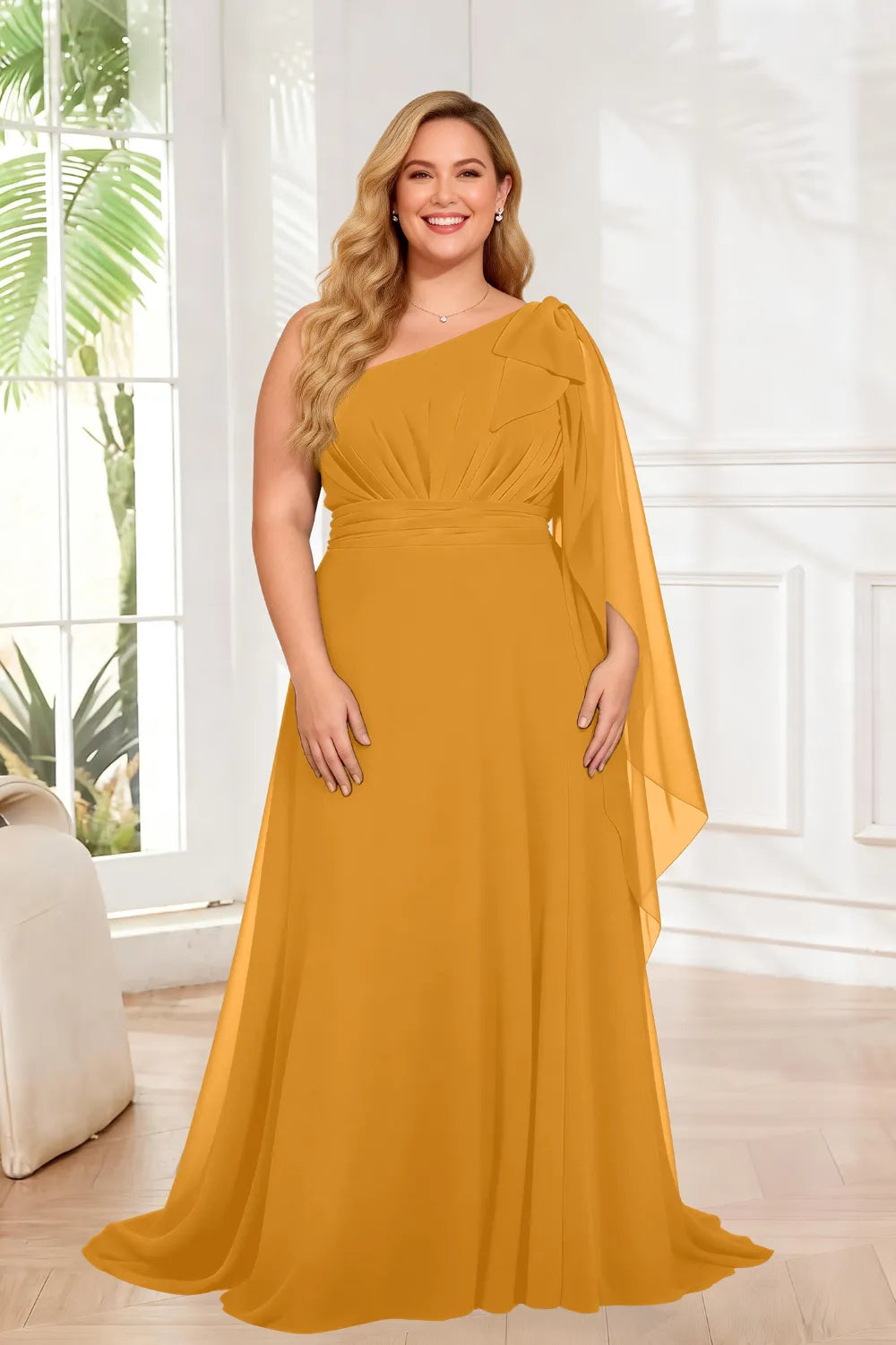 One Shoulder Ruched Waist Cape Sleeve A-Line Maxi Dress