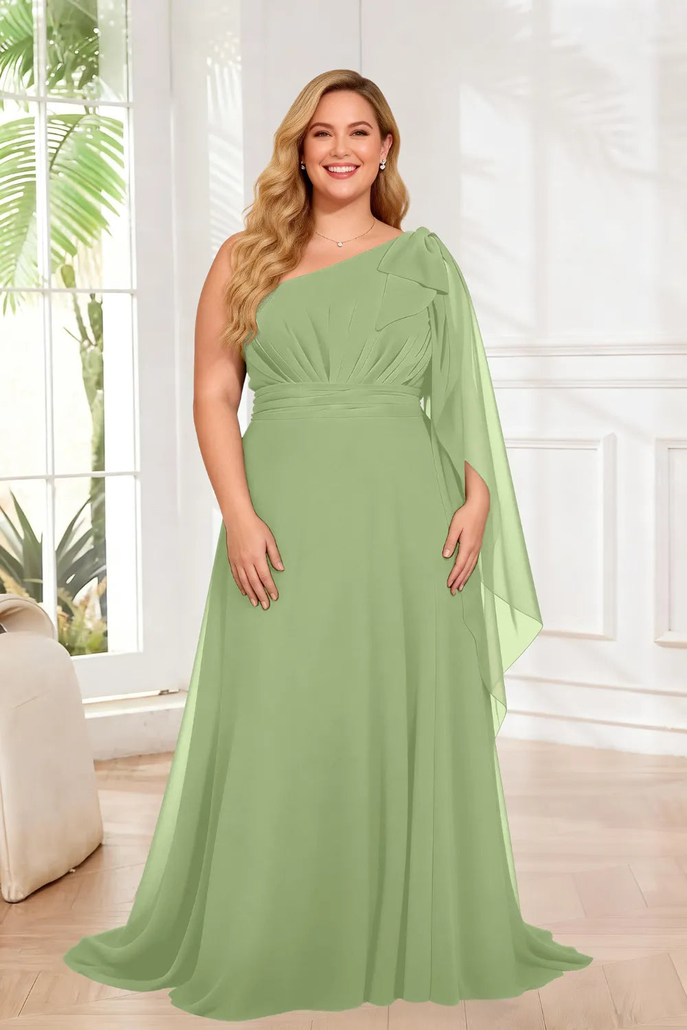 One Shoulder Ruched Waist Cape Sleeve A-Line Maxi Dress