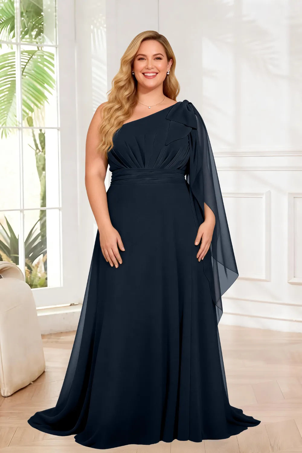 One Shoulder Ruched Waist Cape Sleeve A-Line Maxi Dress