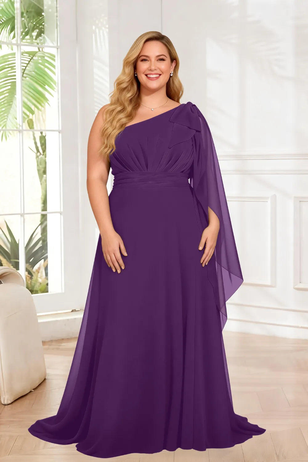 One Shoulder Ruched Waist Cape Sleeve A-Line Maxi Dress