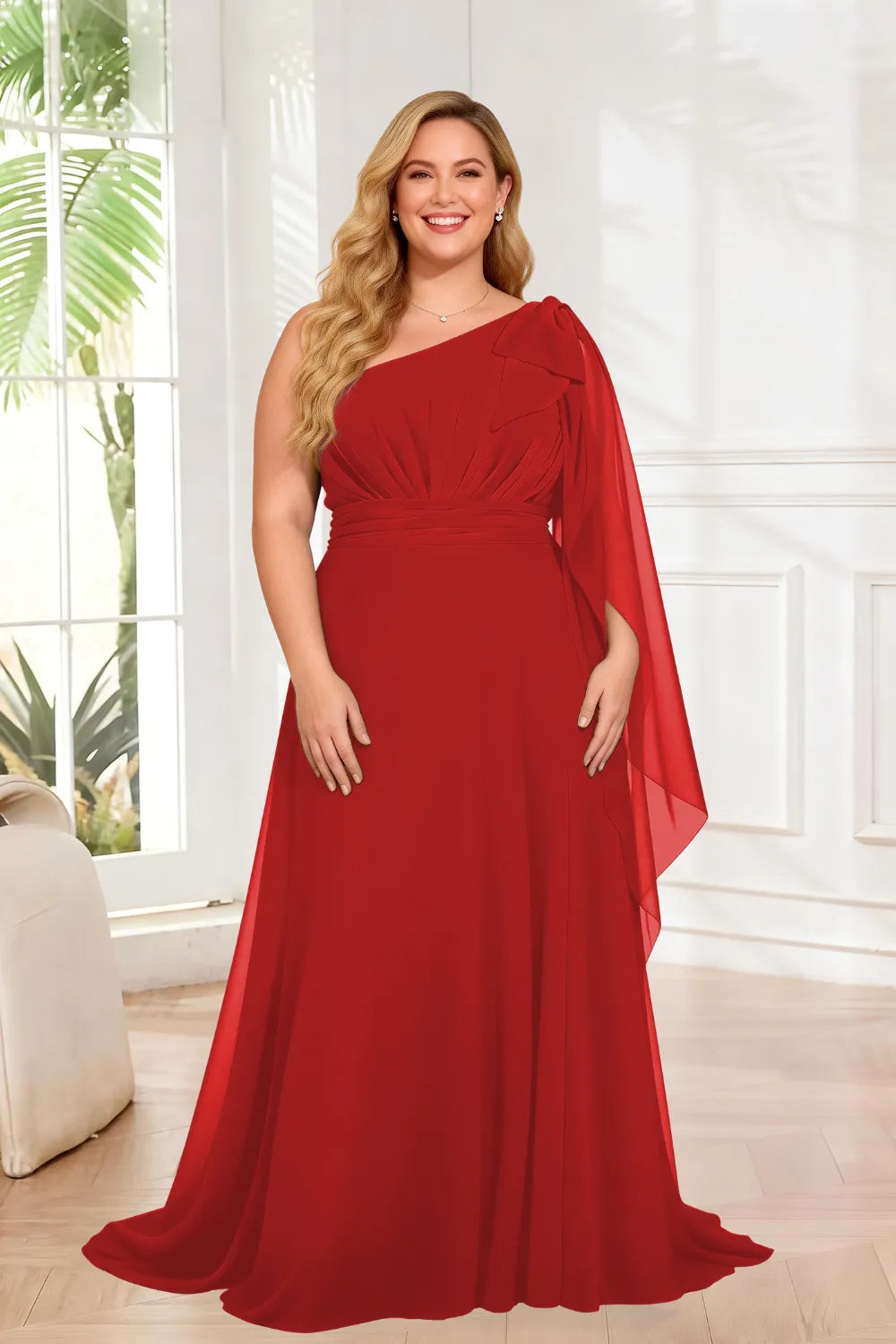 One Shoulder Ruched Waist Cape Sleeve A-Line Maxi Dress