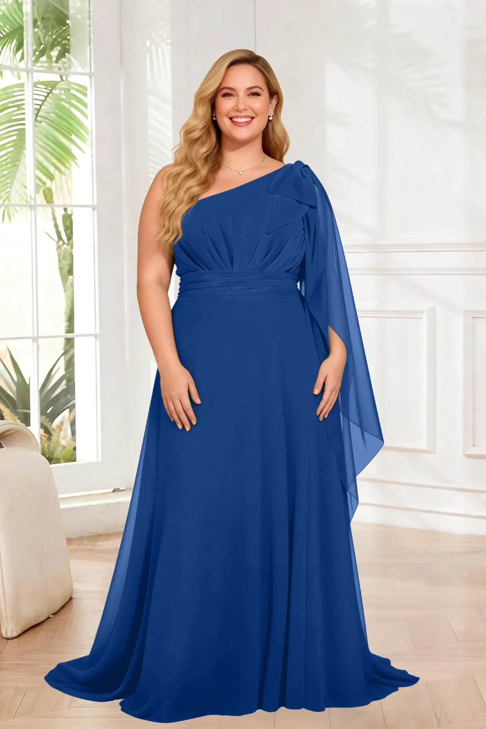 One Shoulder Ruched Waist Cape Sleeve A-Line Maxi Dress